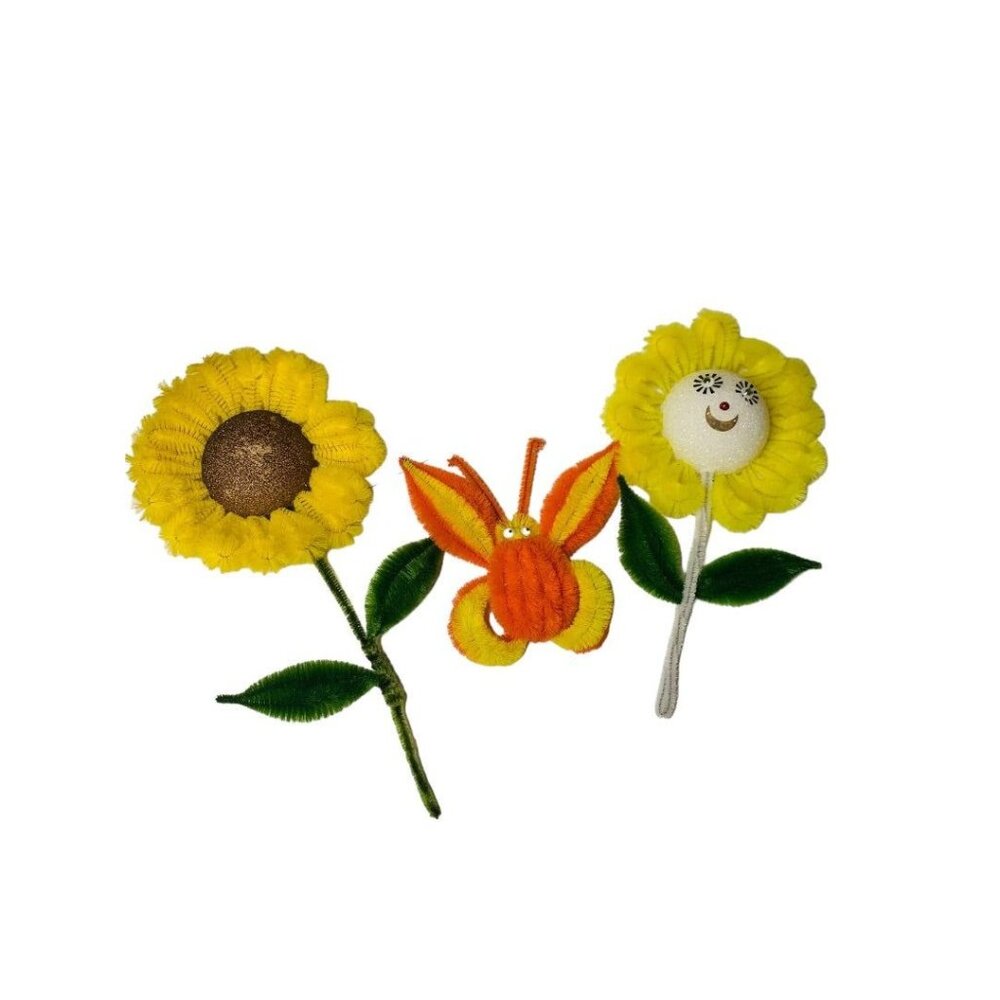Handmade Vintage 1970s Flower Butterfly Magnets Sunflower Chenille Pipe Cleaner